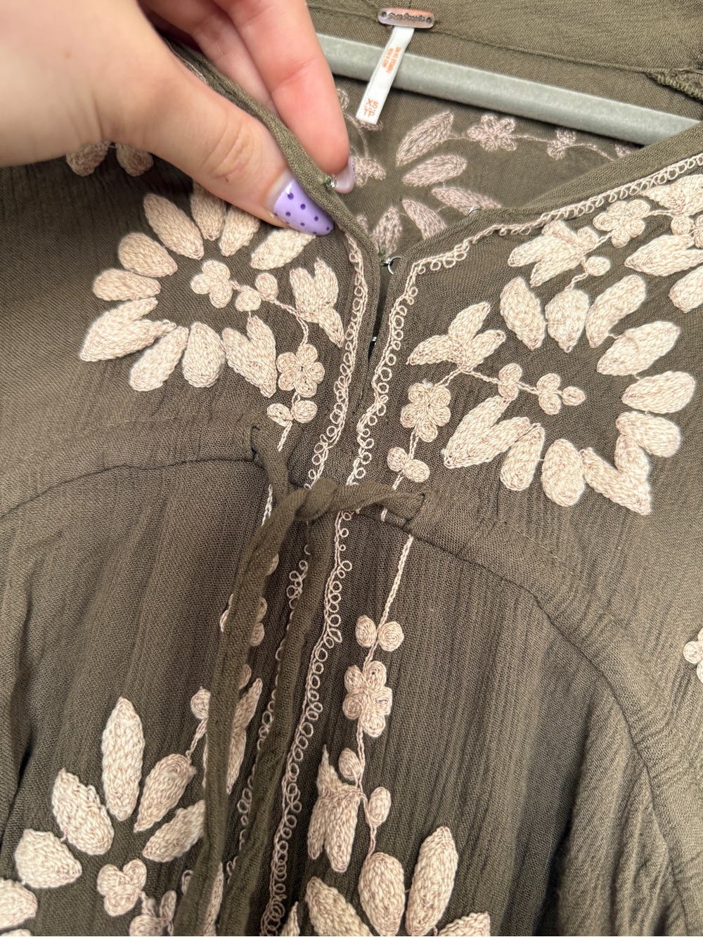 FREE PEOPLE Embroidered Fable Midi Dress Olive Green Floral Boho Sleeve Casual - Picture 6 of 8